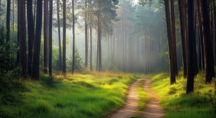 Obraz premium Serene Forest Pathway Surrounded by Tall Trees and Gentle Light Filtering Through Leaves in a Tranquil Natural Environment