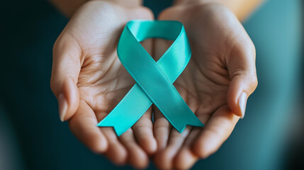 Compassionate Hands Gently Holding Teal Awareness Ribbon for Ovarian Cancer Awareness Against Soft Background