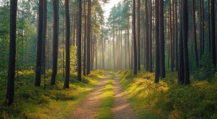 Fototapeta premium Serene Forest Pathway Surrounded by Majestic Trees and Gentle Sunlight Filtering Through Leaves in a Peaceful Woodland Setting