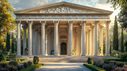 Obraz premium Architectural Grandeur: A majestic classical building with towering columns, intricate carvings, and a serene garden setting evokes a sense of timeless beauty and historical significance