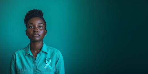 Strong Black Woman with Teal Awareness Ribbon in Monochromatic Portrait background with copy space
