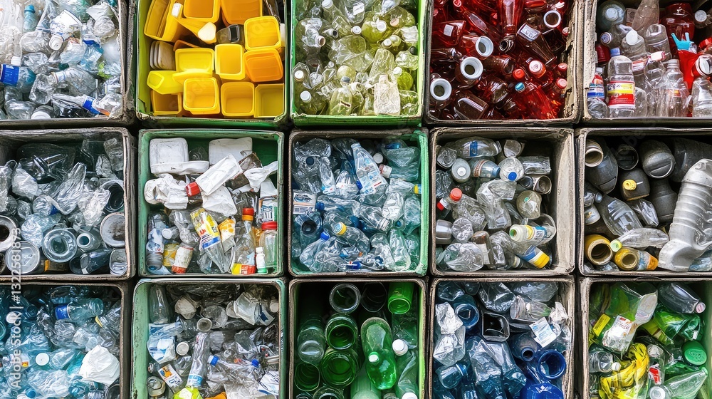 Poster a white and green background with piles of recyclable bottles and containers organized by material t