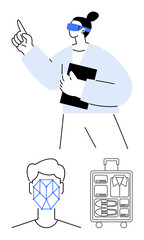 Woman gestures with AR glasses face recognition visual on individual neatly packed suitcase for travel. Ideal for AI, travel, security, VR, innovation, future tech, efficiency. Clean flat simple