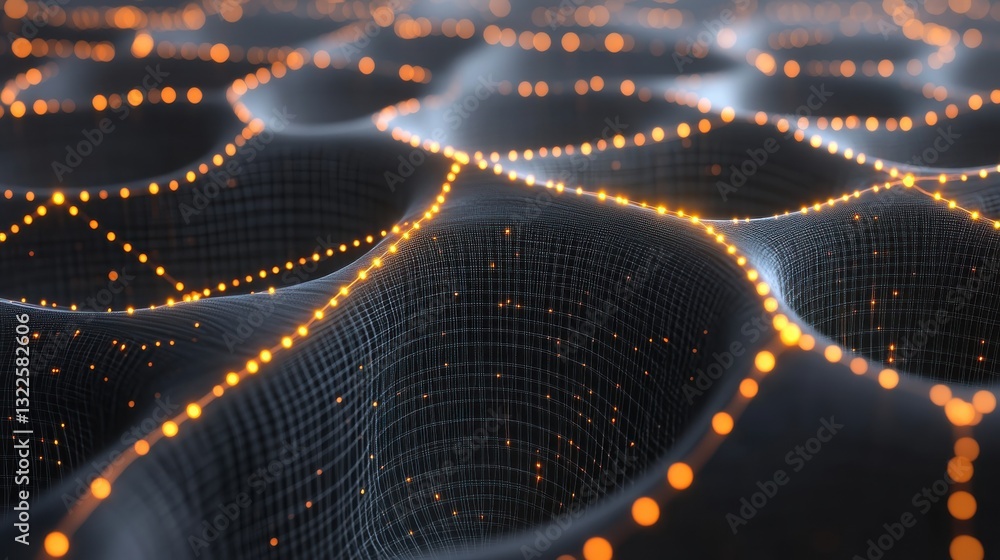 Poster abstract digital pattern with glowing orange points on black wavy surface representing connectivity 