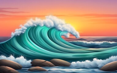 Illustrative Ocean Wave Crashing on Rocks with Sunrise Horizon Backdrop