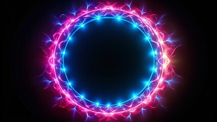 Obraz premium Glowing Neon Round Frame, Pink & Blue Electric Light Border, Dark Background, Aerial View