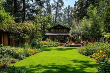 Serene Garden Landscape with Lush Green Grass, Vibrant Flower Beds, Wood Cabin, and Natural Surroundings in Sunlit Outdoor Space
