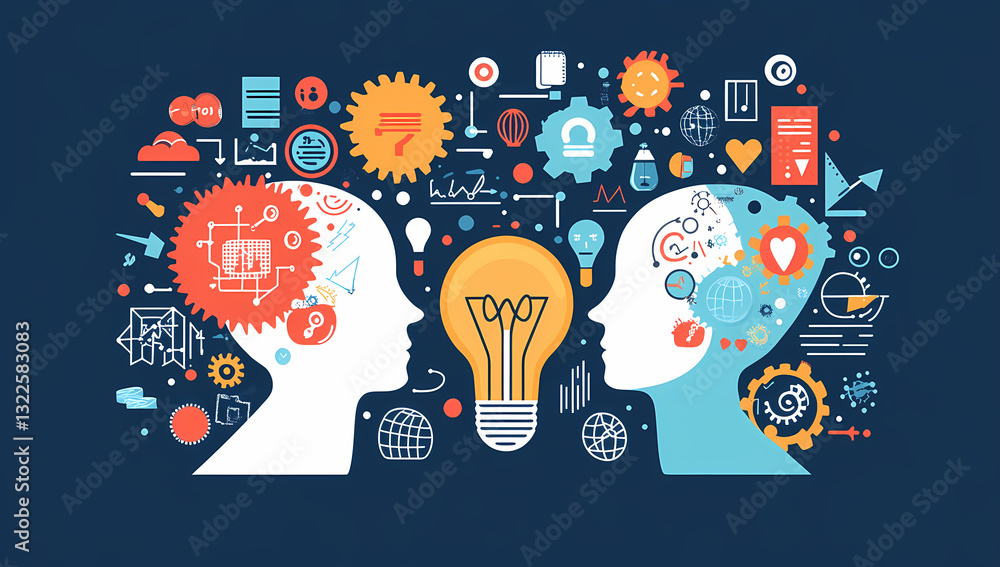 Poster brainstorming ideas: two heads, linked by an idea and gears in a photorealistic illustration. repres