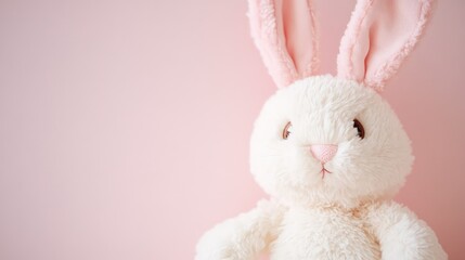 Obraz premium Close-up of an Easter Bunny plush face, soft and adorable, on a pastel background with copy space.