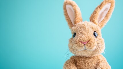 Obraz premium Close-up of an Easter Bunny plush face, soft and adorable, on a pastel background with copy space.