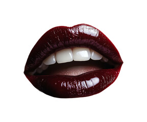 Fototapeta premium Glossy Red Lips with White Teeth on Black Background for Beauty Themes