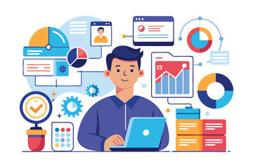 Data analyst oversees and governs income, expenses with magnifier. Financial management system, finance software, IT management tool concept