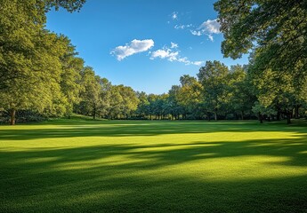 Fototapeta premium Serene Green Landscape Under Clear Blue Sky with Flourishing Trees and Shadow Patterns in Tranquil Outdoor Setting