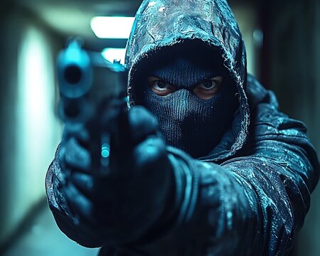 A person in a mask pointing a handgun forward at the viewer