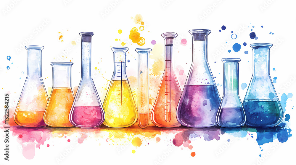Aufkleber a palette of science: an array of colorful laboratory beakers, flasks, and test tubes, filled with v