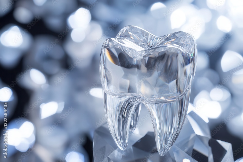 Aufkleber transparent crystal tooth implant reflects light while resting on a sparkling surface filled with fa