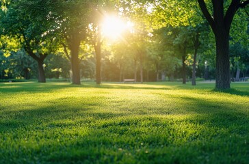 Naklejka premium Serene Green Meadow in Warm Golden Light with Lush Grass and Towering Trees Under a Radiant Sun During Early Morning Hours in a Tranquil Park Setting