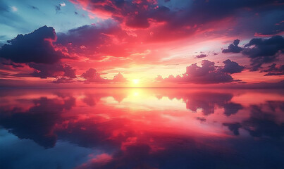 Crimson Sunset Reflection on Calm Sea