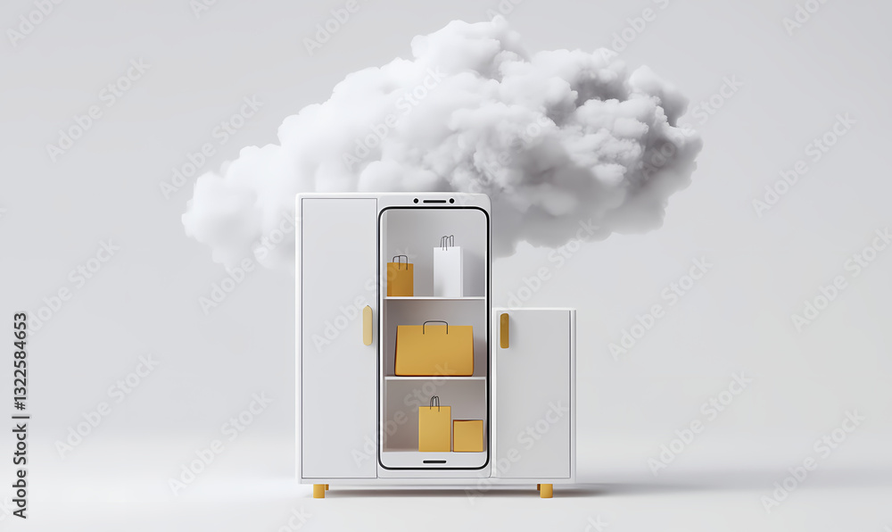 Poster cloud storage: a cutting-edge visual of cloud computing, portraying a smart phone displaying storage