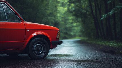 Fototapeta premium Roter Kleinwagen steht still auf nassem Weg im dichten Wald