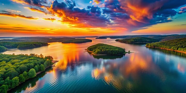 Grand Lake O' the Cherokees Oklahoma Sunset Aerial Drone Panoramic View