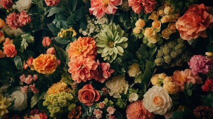 Fototapeta premium Colorful arrangement of various types of beautiful flowers and leaves