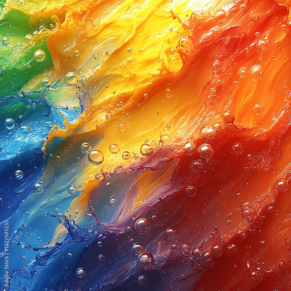 Poster colorful fluid textures with bubbles creating a vibrant abstract composition