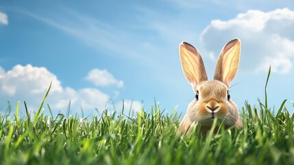 Easter Bunny hiding behind grass, with only ears visible, fun and mysterious, with copy space.
