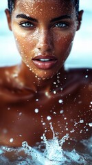 Close-up portrait of an athletic woman enjoying the refreshing sensation of water splashing on her face during a sunny day by the water