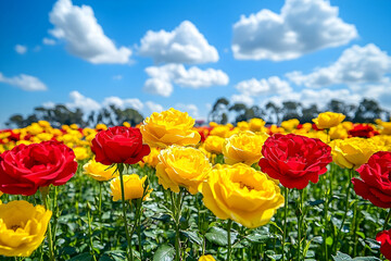 Obraz premium Vibrant Flower Field: A Tapestry of Red and Yellow Roses Under a Sunny Sky
