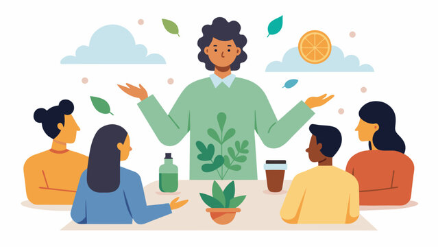 A knowledgeable facilitator leads a discussion on the healing properties of various herbs and plants explaining how they can be used to promote overall wellness and alleviate. Vector illustration