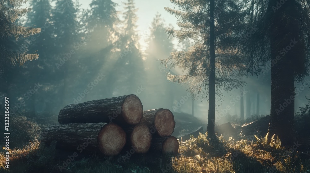 Poster sunlight streams through tall trees in a serene forest with cut logs on the ground, creating a peace