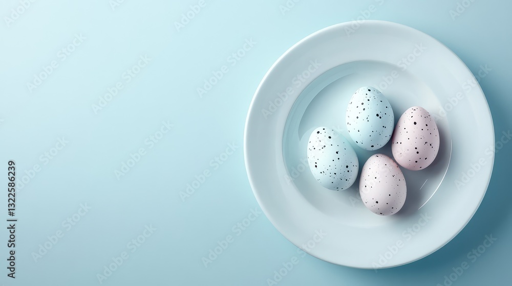 Poster easter eggs in soft hues placed on a white plate, simple and elegant styling, background left empty 