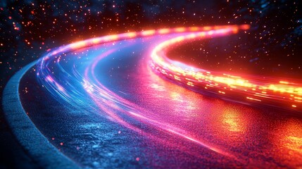 Obraz premium Light neon road with abstract curved stripes. Laser-fast beams shining. Motion flow of LED fibers