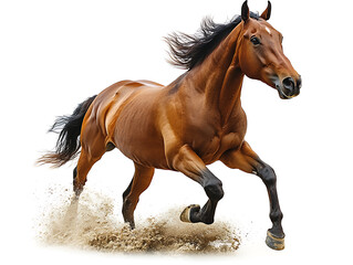 Naklejka premium A muscular chestnut-colored horse gallops powerfully forward mane flowing with dust kicking up from beneath its hooves against a white backdrop.