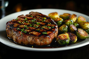 Grilled steak with brussel sprouts on a white plate dark background