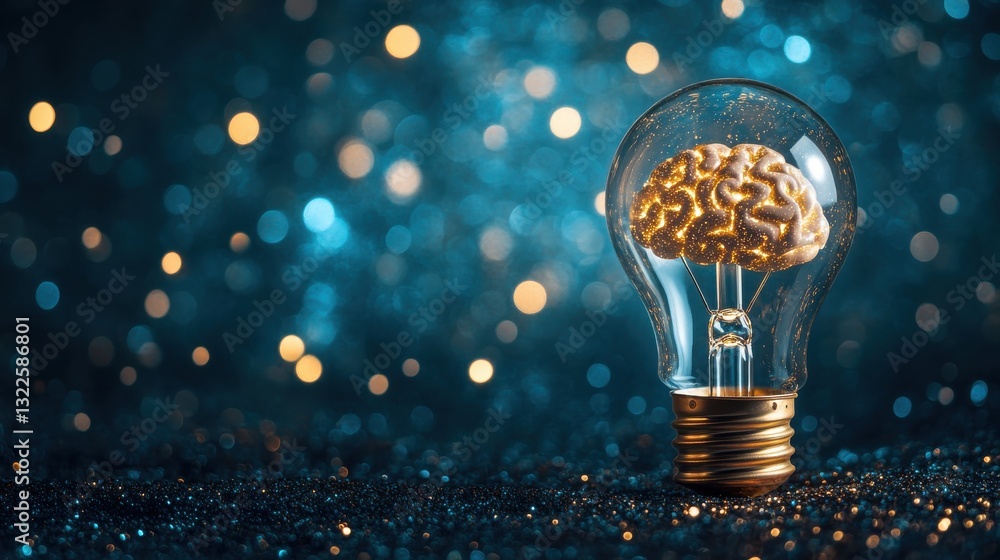 Poster creative light bulb with glowing brain inside on shimmering blue background representing ideas and i
