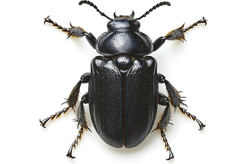 A detailed close-up of a glossy black beetle with spiky legs and antennae set against a stark white background.