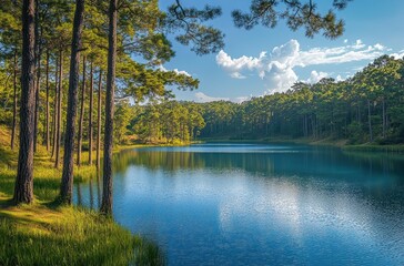 Fototapeta premium Serene Lake Surrounded by Tall Green Pines and Clear Blue Sky in a Lush Forest Landscape During Daylight Hours with Reflection on Water Surface