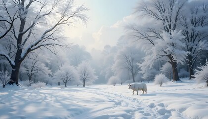 Fototapeta premium A Lone White Sheep Peacefully Traverses A Pristine, Snow-covered Winter Wonderland, Sunlight Filtering Through Frost-laden Trees In A Serene, Tranquil Scene