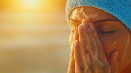 Model applying fake tan on a sunlit beach, showcasing radiant skin in a vibrant setting with gentle waves and soft sand