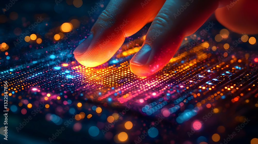 Poster interacting with advanced technology interface of the future with fingers