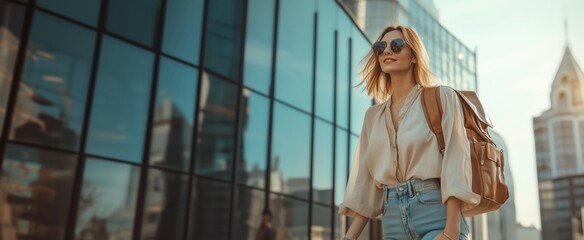Fototapeta premium Stylish woman walking with a backpack in an urban area on a sunny day, enjoying her time outdoors near modern buildings