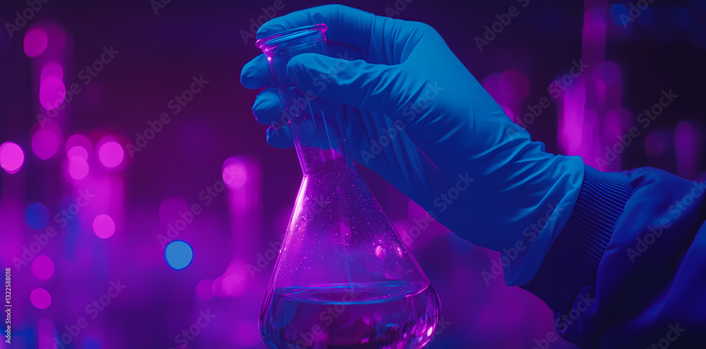 Poster precise research: a gloved hand carefully handles a laboratory flask, bathed in an environment of pr