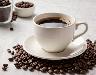 Rich Black Coffee with Roasted Coffee Beans Around