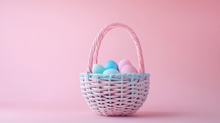 Minimalist modern Easter basket with geometric shapes and pastel tones, set on a neutral background, clean and trendy, with copy space.
