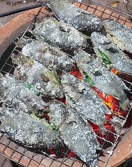 Grilled Salt Crusted Fish on Charcoal Grill Asian Cuisine Seafood BBQ