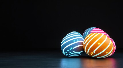 Obraz premium Neon Easter eggs on black background, futuristic and unique, with high contrast, room for copy space.
