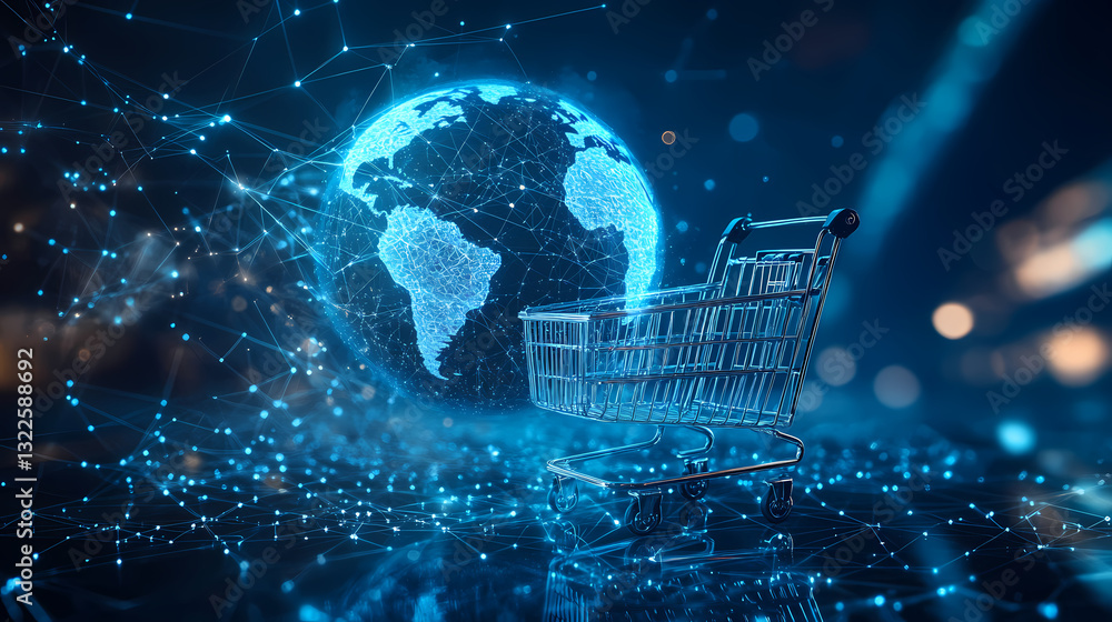 Poster digital marketplace: an artistic rendering of an online shopping cart, seemingly floating in space, 