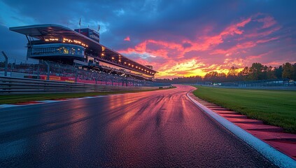 Motion blur captures an F1 race track circuit road leading to a grandstand stadium, ready for electrifying Formula One competitions